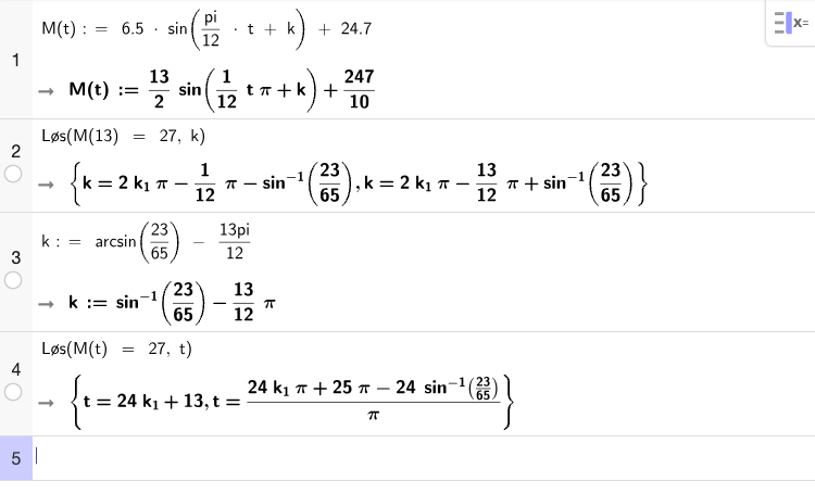 GeoGebra CAS – løsning for k og andre tidspunkt