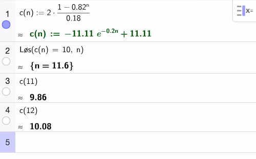 GeoGebra CAS: definisjon av c(n), løsning av c(n)=10, og kontroll av c(11) og c(12)