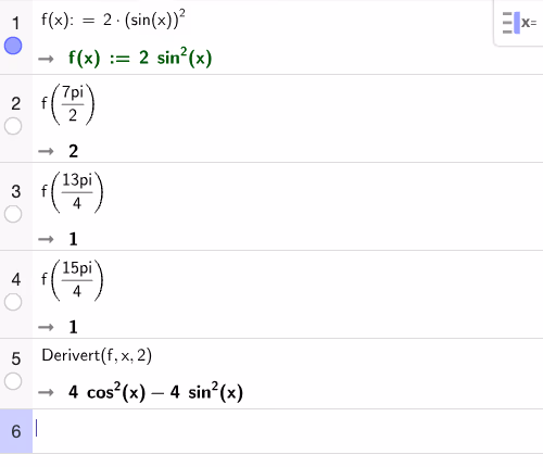 CAS-utregning av f(7π/2), f(13π/4), f(15π/4) og f''(x)