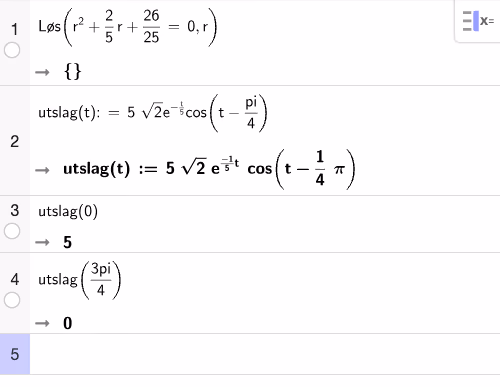 CAS-kontroll av y(0)=5 og y(3π/4)=0