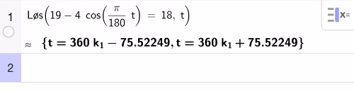 CAS-løsning av likningen f(t)=18