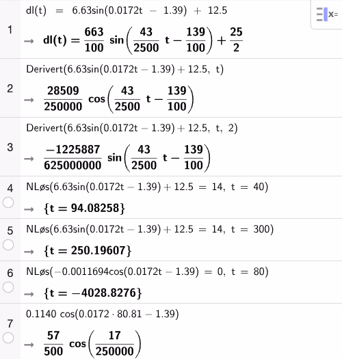 CAS-utregning av derivert, andrederiverte og likningen D(t)=14