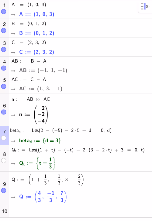 GeoGebra CAS – kryssprodukt, beta og Q