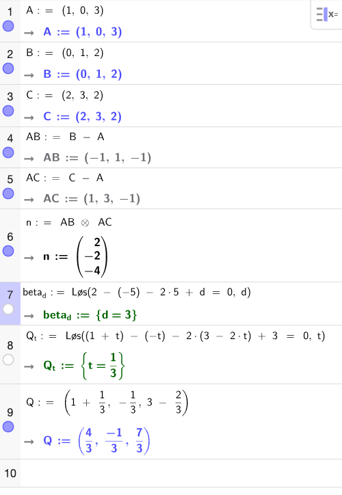 GeoGebra CAS – kryssprodukt, beta og Q
