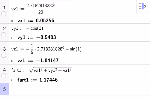 GeoGebra CAS: banefart ved t=1
