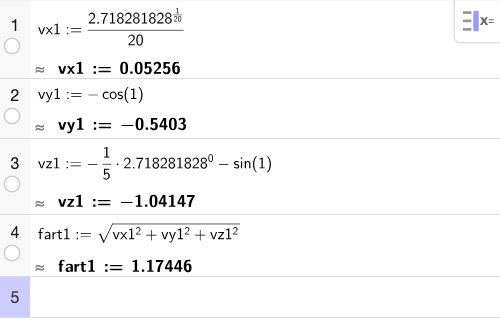 GeoGebra CAS: banefart ved t=1