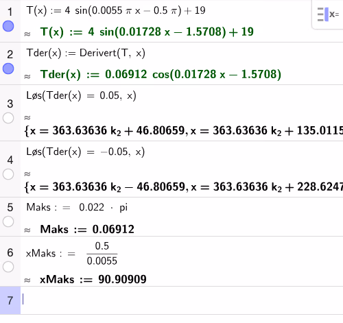 GeoGebra CAS: T(x), derivert og løsninger av T'(x)=±0,05