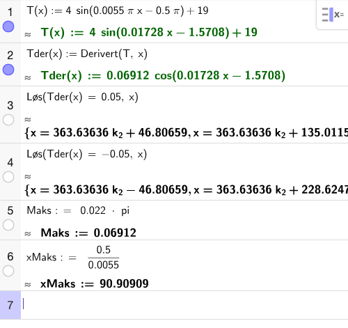 GeoGebra CAS: T(x), derivert og løsninger av T'(x)=±0,05