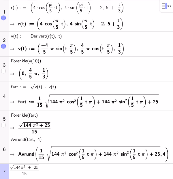 GeoGebra CAS – r(t), v(t) og fart