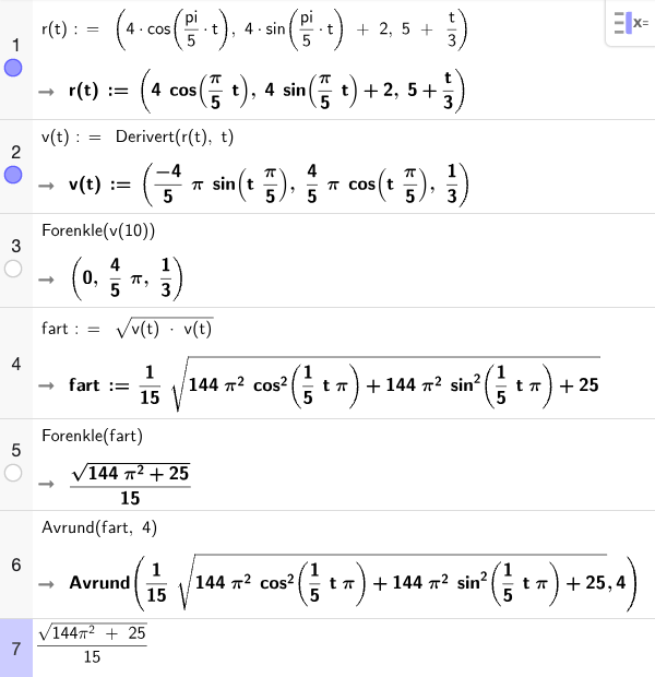 GeoGebra CAS – r(t), v(t) og fart
