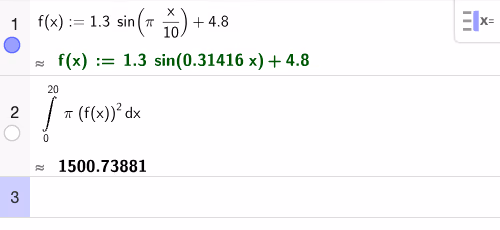 CAS-utklipp fra GeoGebra: f(x) defineres som 1,3 · sin(πx/10) + 4,8, og integralet fra 0 til 20 av π · f(x)² dx beregnes til 1500,73881.