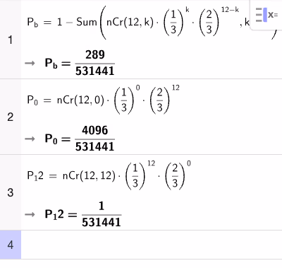 Utregning av P(X≥10), P(X=0) og P(X=12) i GeoGebra CAS