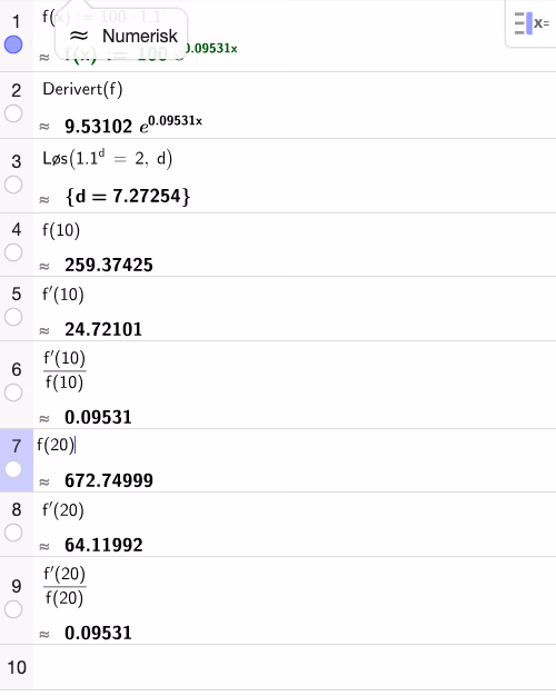 CAS: fordoblingstid, momentan og relativ vekst ved x=10 og x=20