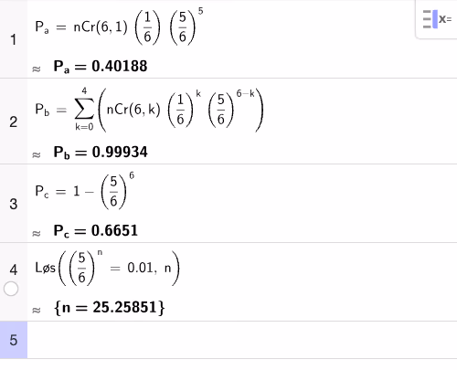 GeoGebra CAS-utregning av sannsynlighetene i a, b og c