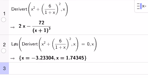 GeoGebra CAS: derivasjon av D(x) og løsning av D'(x) = 0