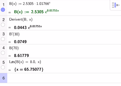 CAS: regresjon, derivert i x=30, verdi i x=70 og likning B(x)=8,0