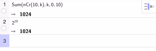 Summen av binomialkoeffisientene i rad 10 er 1024