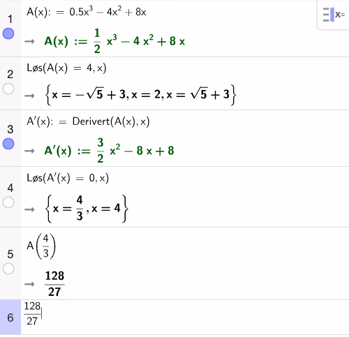 CAS-utregning av A(x)=4 og optimering av A(x)