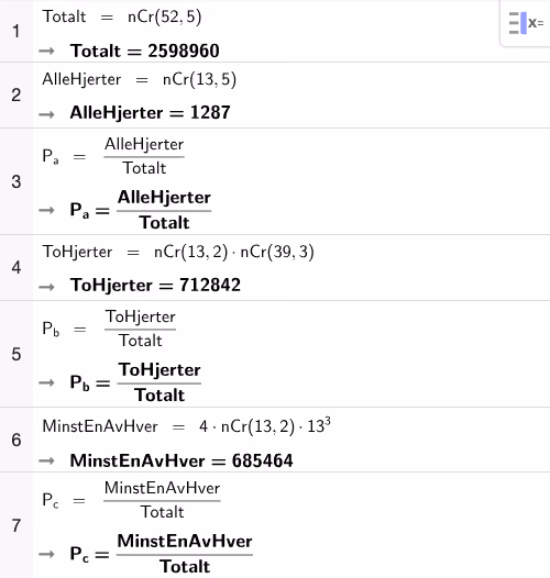 CAS-utregning av antall hender i a), b) og c)