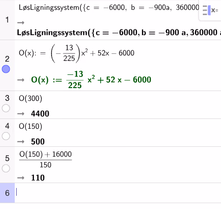 CAS-utregning av O(x), O(300), O(150) og salgspris