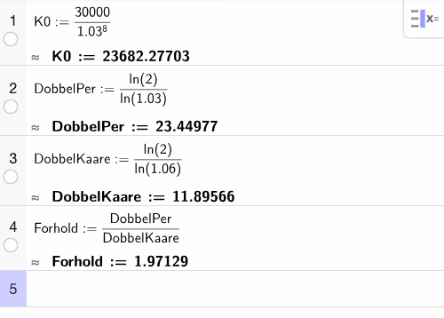 GeoGebra CAS: renter og dobbelttid