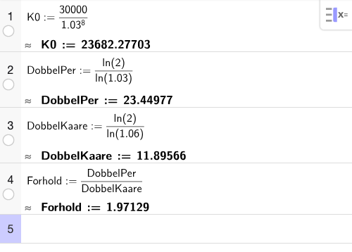 GeoGebra CAS: renter og dobbelttid