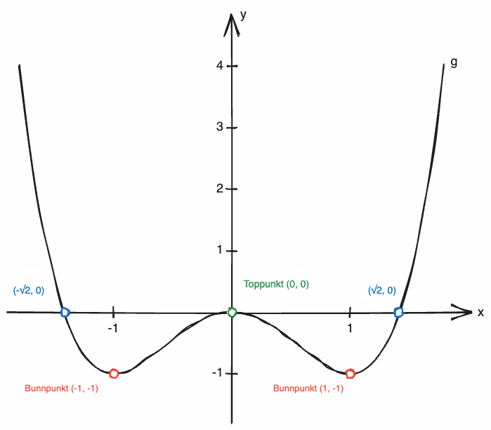 Skisse av grafen til g(x) = x^4 - 2x^2 med nullpunkter, toppunkt og bunnpunkter