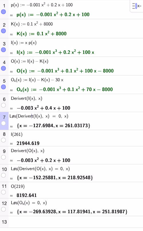 GeoGebra CAS – inntekt, overskudd og kampanje