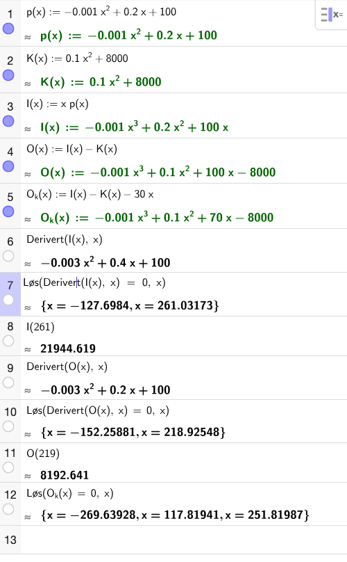 GeoGebra CAS – inntekt, overskudd og kampanje