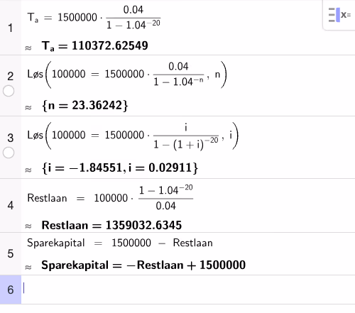 GeoGebra CAS-utregning for annuitetslånet