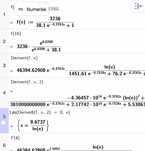 GeoGebra CAS – f(16) og f'(4)
