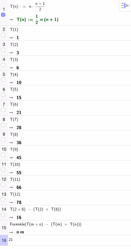 GeoGebra CAS bekrefter at T(m+n)-(T(m)+T(n)) = mn