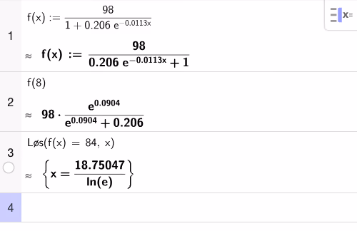 GeoGebra CAS: f(8) ≈ 82,5