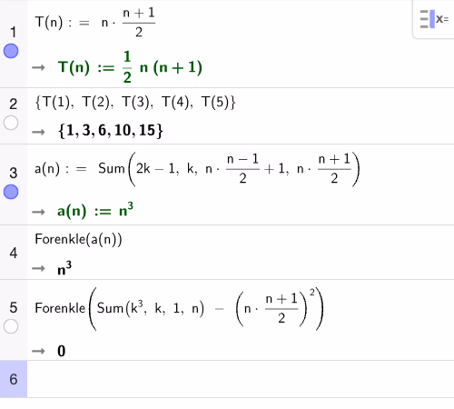 GeoGebra CAS bekrefter a_n = n^3 og kubikksum-identiteten