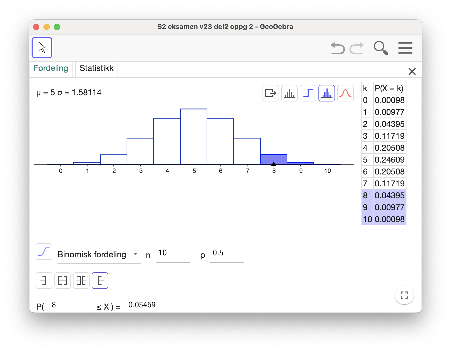 Bestemme P(8\leq X) i GeoGebra