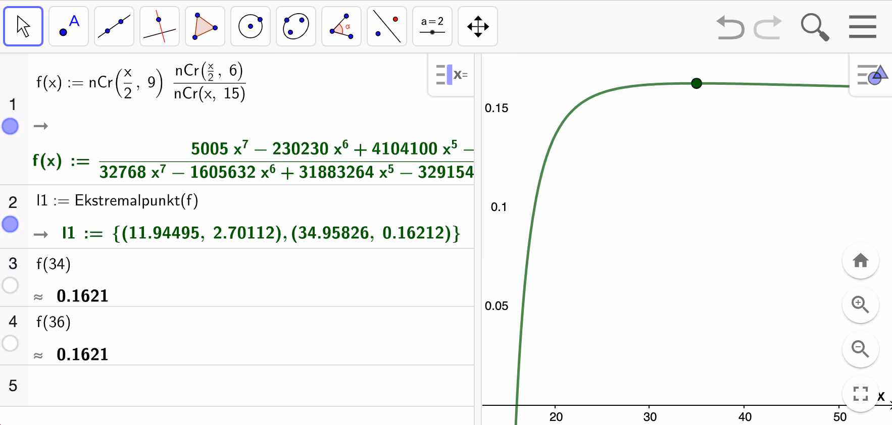GeoGebra-utklipp: i CAS defineres f(x) = nCr(x/2, 9)·nCr(x/2, 6)/nCr(x, 15), og Ekstremalpunkt(f) gir blant annet (34,96, 0,16212). Linje 3 og 4 viser at f(34) og f(36) begge er 0,1621. Til høyre vises grafen, som flater ut rundt toppunktet ved x ≈ 35.